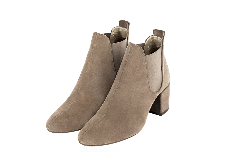 Tan beige and taupe brown women's ankle boots, with elastics. Round toe. Medium block heels. Front view - Florence KOOIJMAN